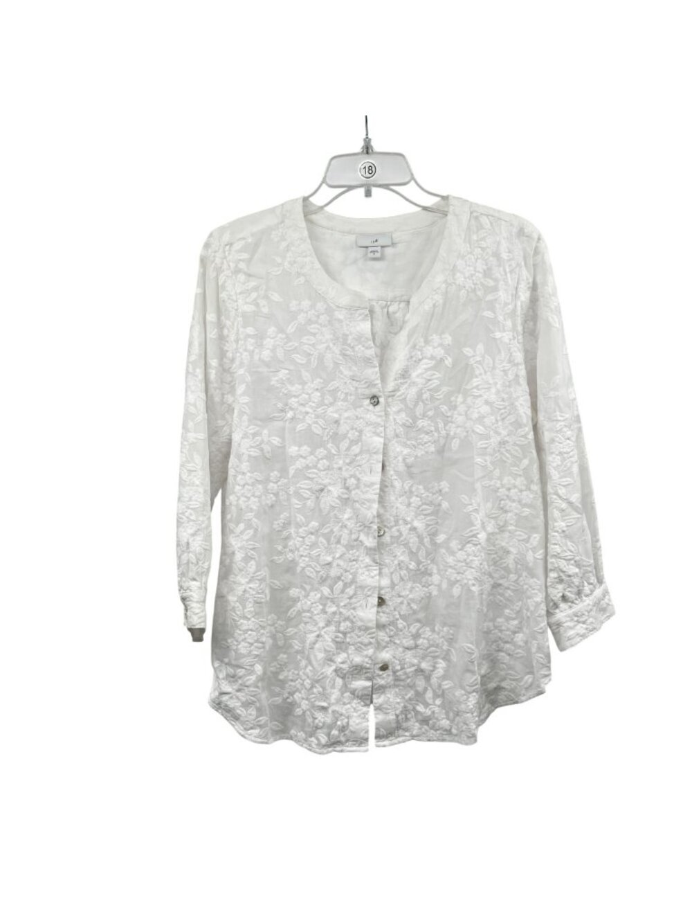 J. Jill Sheer Embroidered Floral Button Up Top Long Sleeve White Size Medium